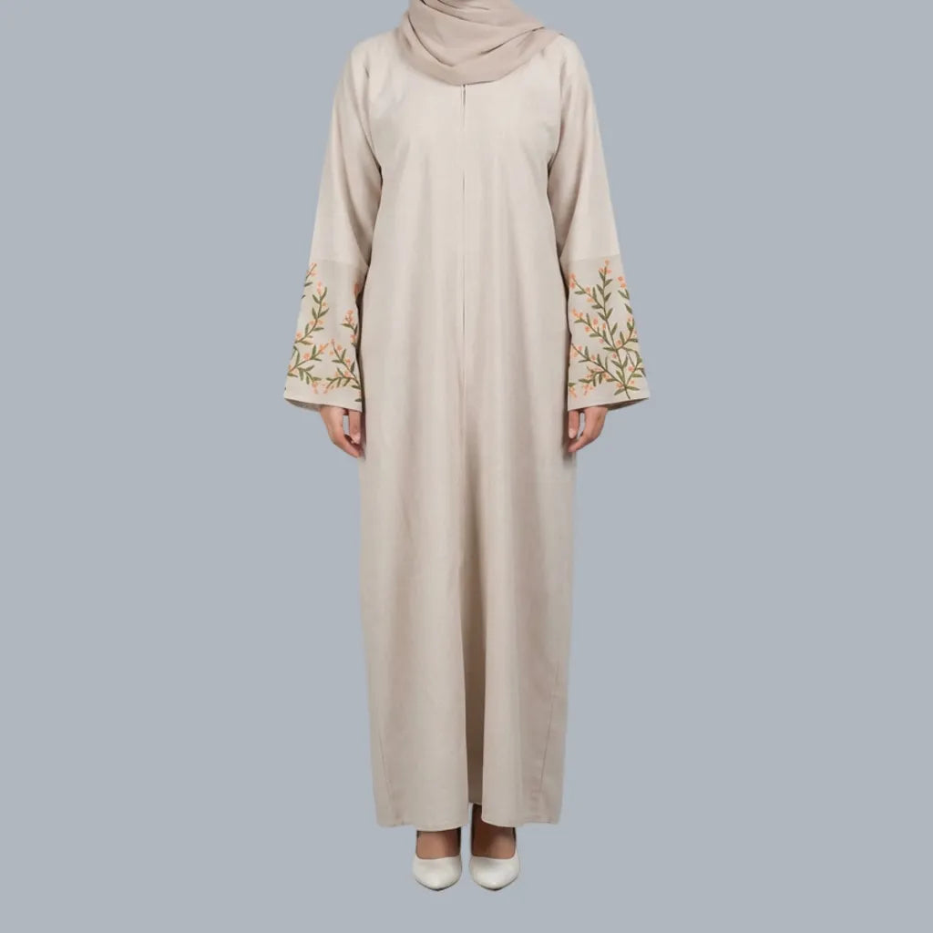 Orange Floral - Embroidered Beige Abaya