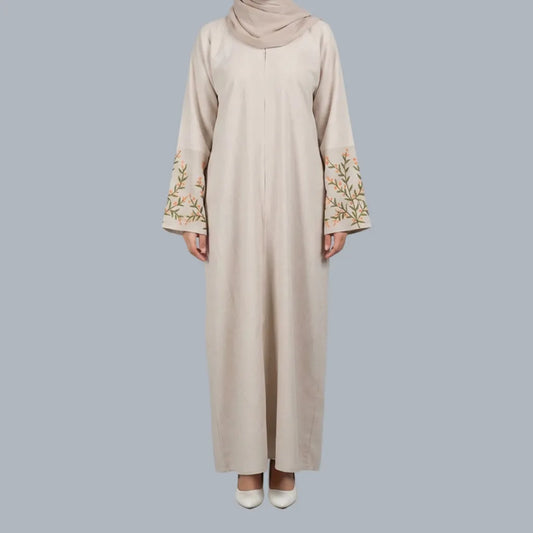 Orange Floral - Embroidered Beige Abaya