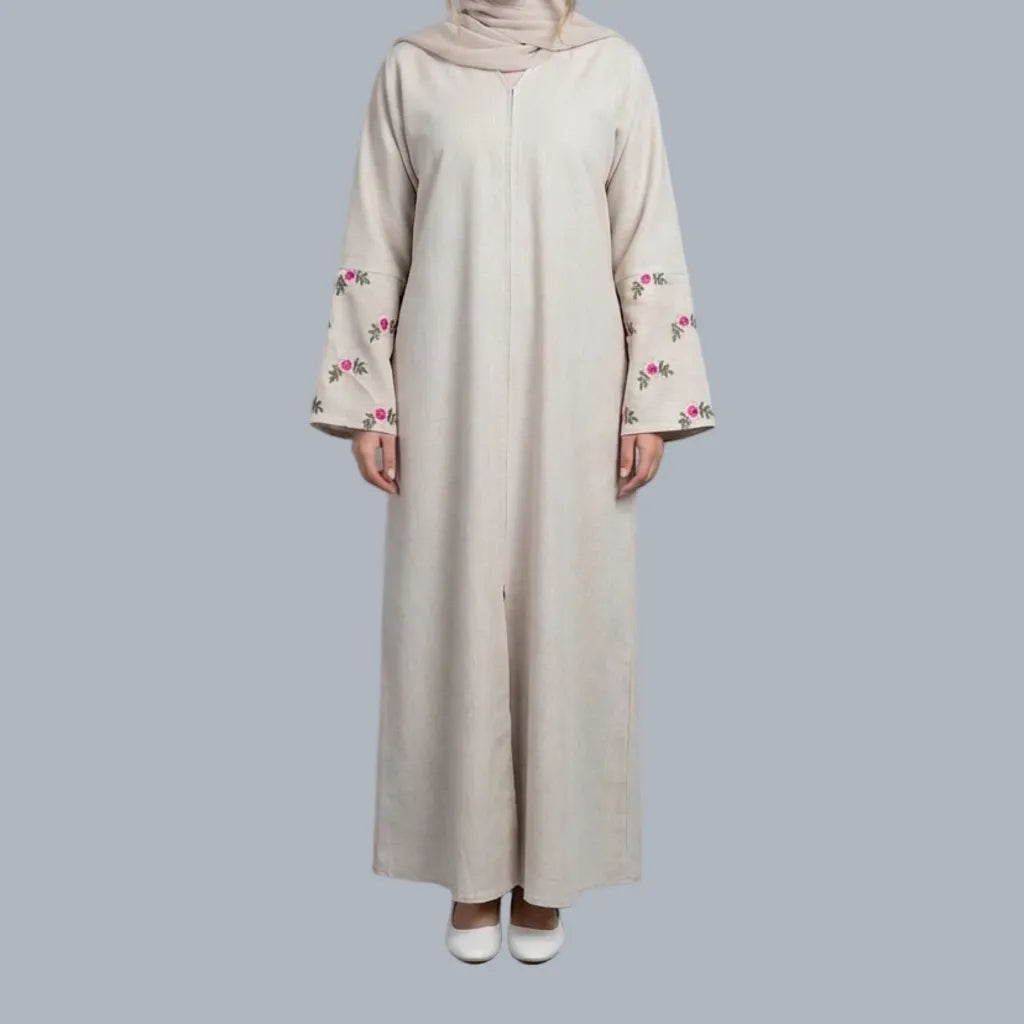 Pink Flower - Beige Embroidered Abaya