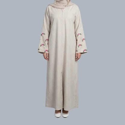 Pink Flower - Beige Embroidered Abaya
