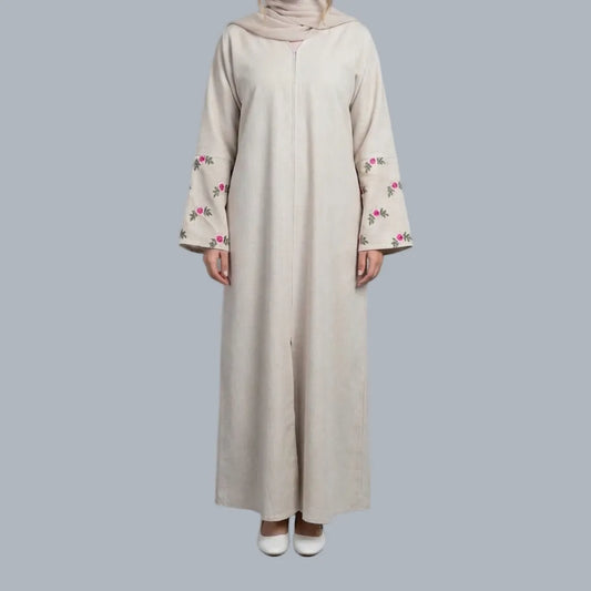Pink Flower - Beige Embroidered Abaya