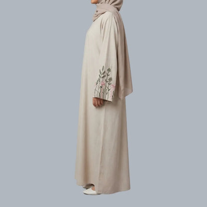 Green & Pink - Beige Embroidered Abaya