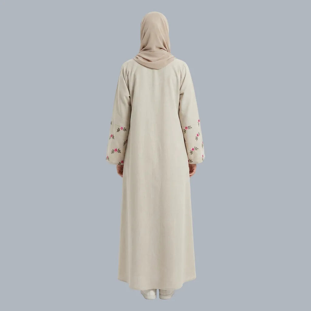 Pink Flower - Beige Embroidered Abaya