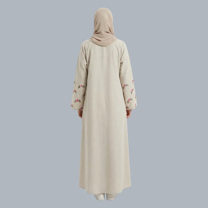Pink Flower - Beige Embroidered Abaya