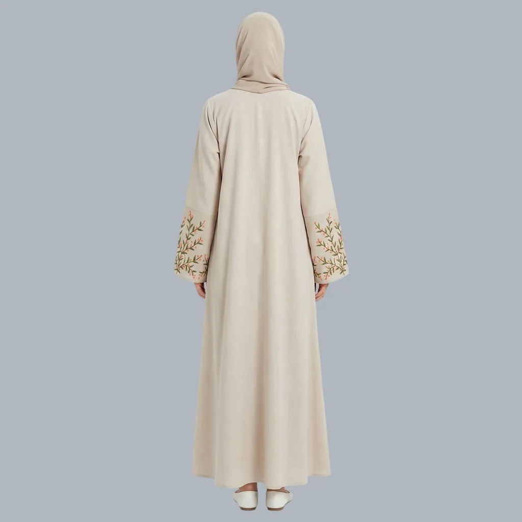 Orange Floral - Embroidered Beige Abaya