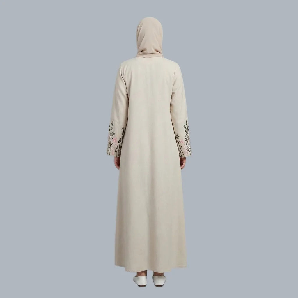 Green & Pink - Beige Embroidered Abaya