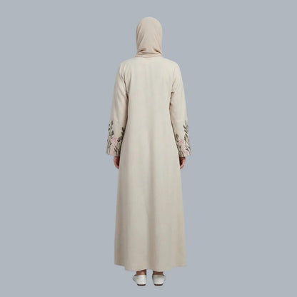 Green & Pink - Beige Embroidered Abaya