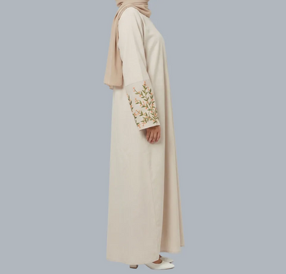 Orange Floral - Embroidered Beige Abaya