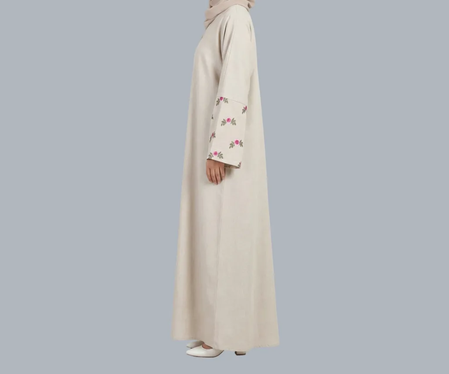 Pink Flower - Beige Embroidered Abaya