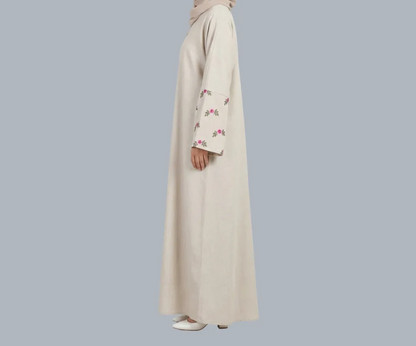Pink Flower - Beige Embroidered Abaya
